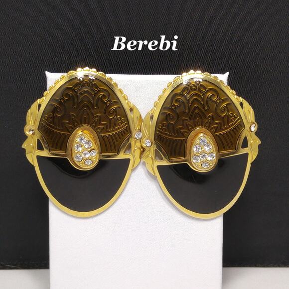 Berebi Large Enamel Rhinestone Post Earrings, Textured Brown & Black, 1980s - Picture 1 of 10